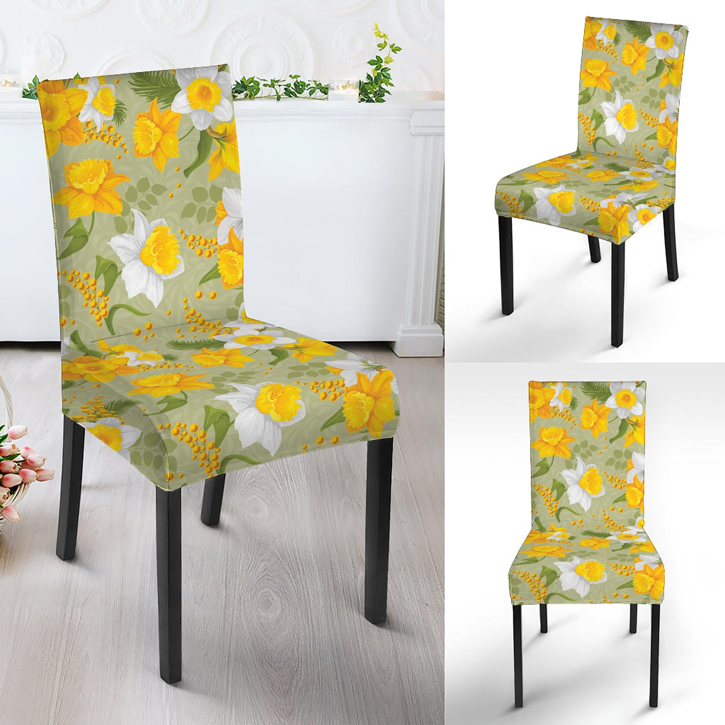 Vintage Daffodil Flower Pattern Print Dining Chair Slipcover