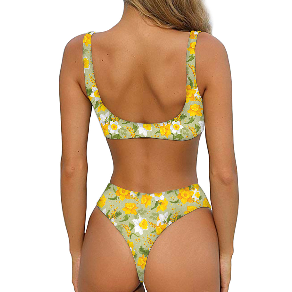 Vintage Daffodil Flower Pattern Print Front Bow Tie Bikini