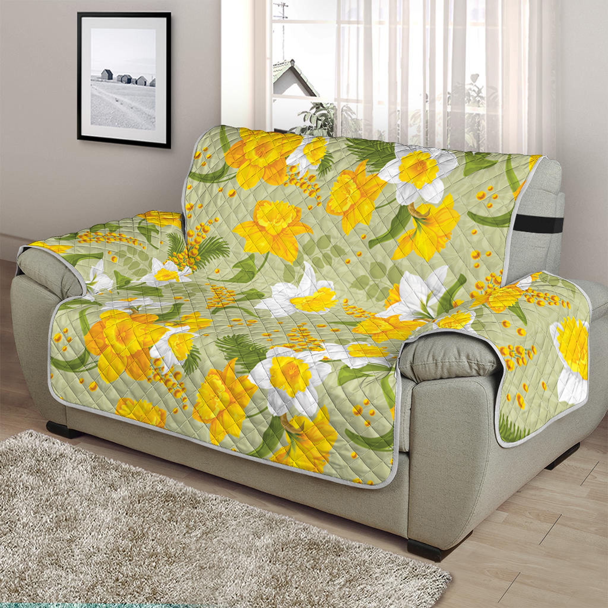 Vintage Daffodil Flower Pattern Print Half Sofa Protector