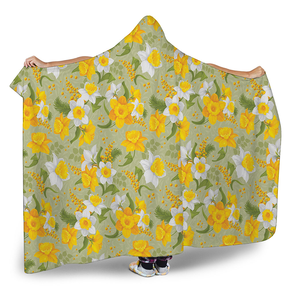 Vintage Daffodil Flower Pattern Print Hooded Blanket