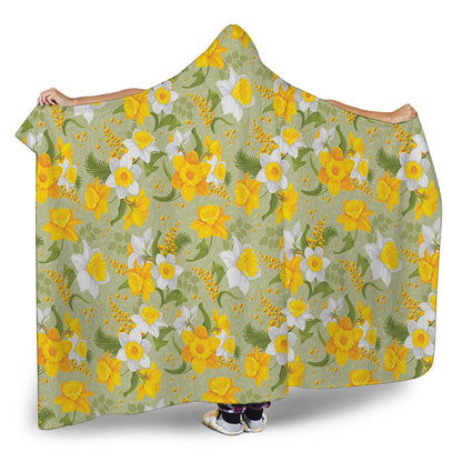 Vintage Daffodil Flower Pattern Print Hooded Blanket