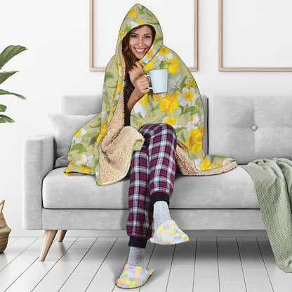 Vintage Daffodil Flower Pattern Print Hooded Blanket