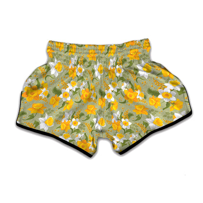 Vintage Daffodil Flower Pattern Print Muay Thai Boxing Shorts