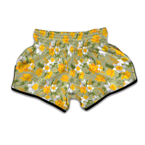 Vintage Daffodil Flower Pattern Print Muay Thai Boxing Shorts
