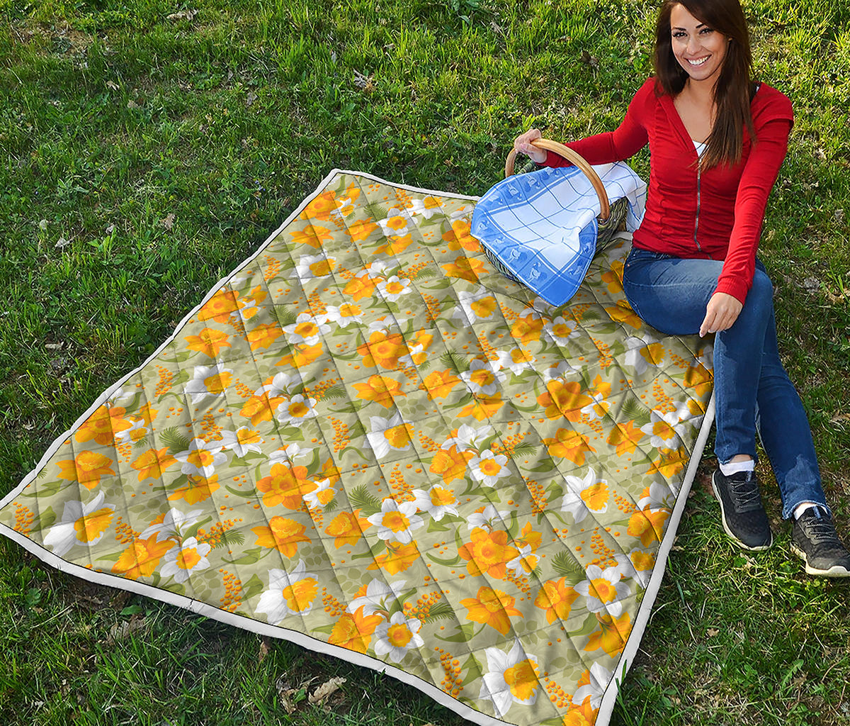 Vintage Daffodil Flower Pattern Print Quilt