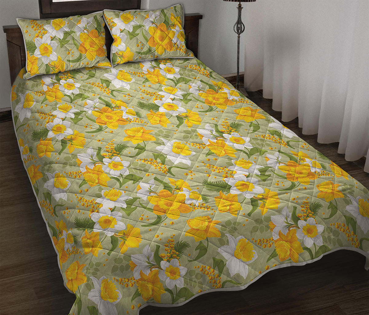 Vintage Daffodil Flower Pattern Print Quilt Bed Set
