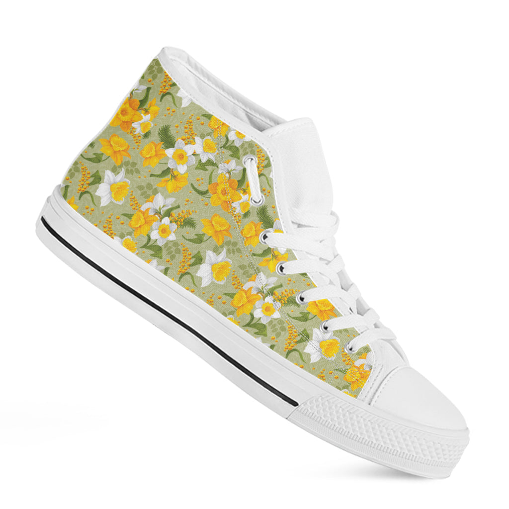 Vintage Daffodil Flower Pattern Print White High Top Shoes