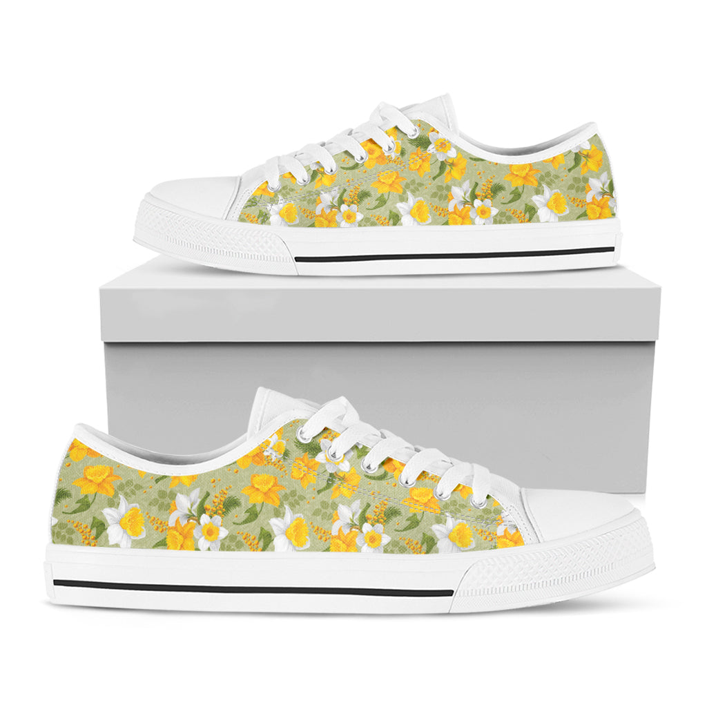 Vintage Daffodil Flower Pattern Print White Low Top Shoes