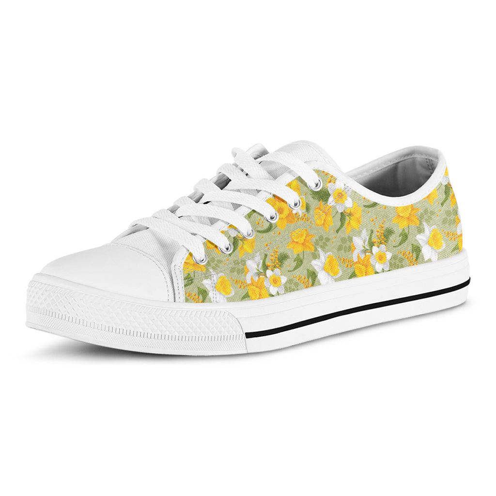 Vintage Daffodil Flower Pattern Print White Low Top Shoes