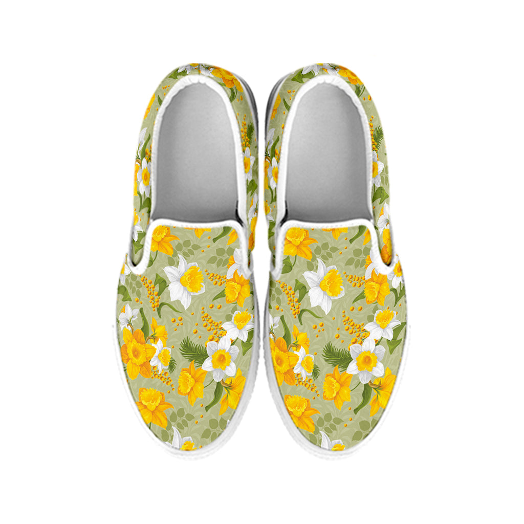 Vintage Daffodil Flower Pattern Print White Slip On Shoes