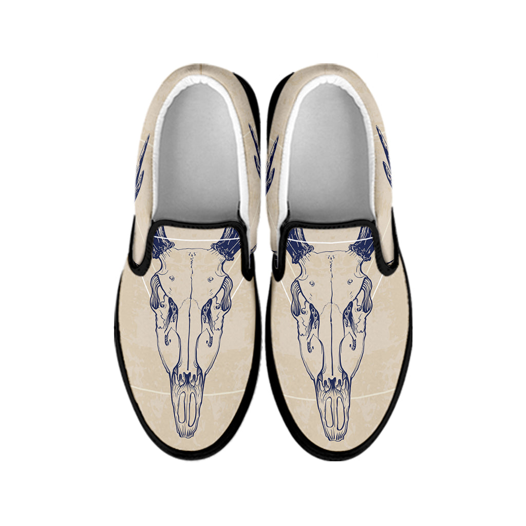 Vintage Deer Skull Print Black Slip On Shoes