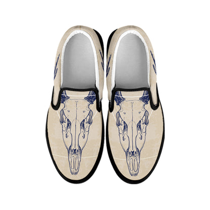 Vintage Deer Skull Print Black Slip On Shoes