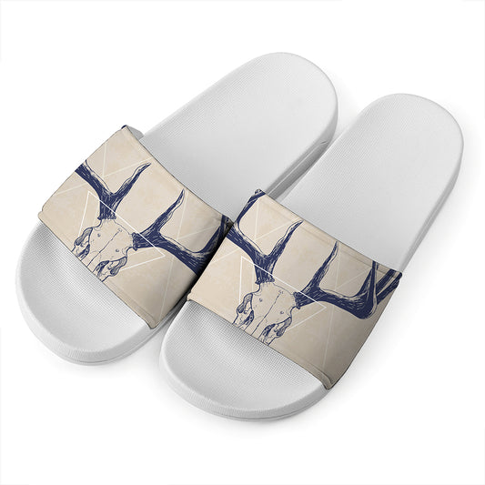 Vintage Deer Skull Print White Slide Sandals