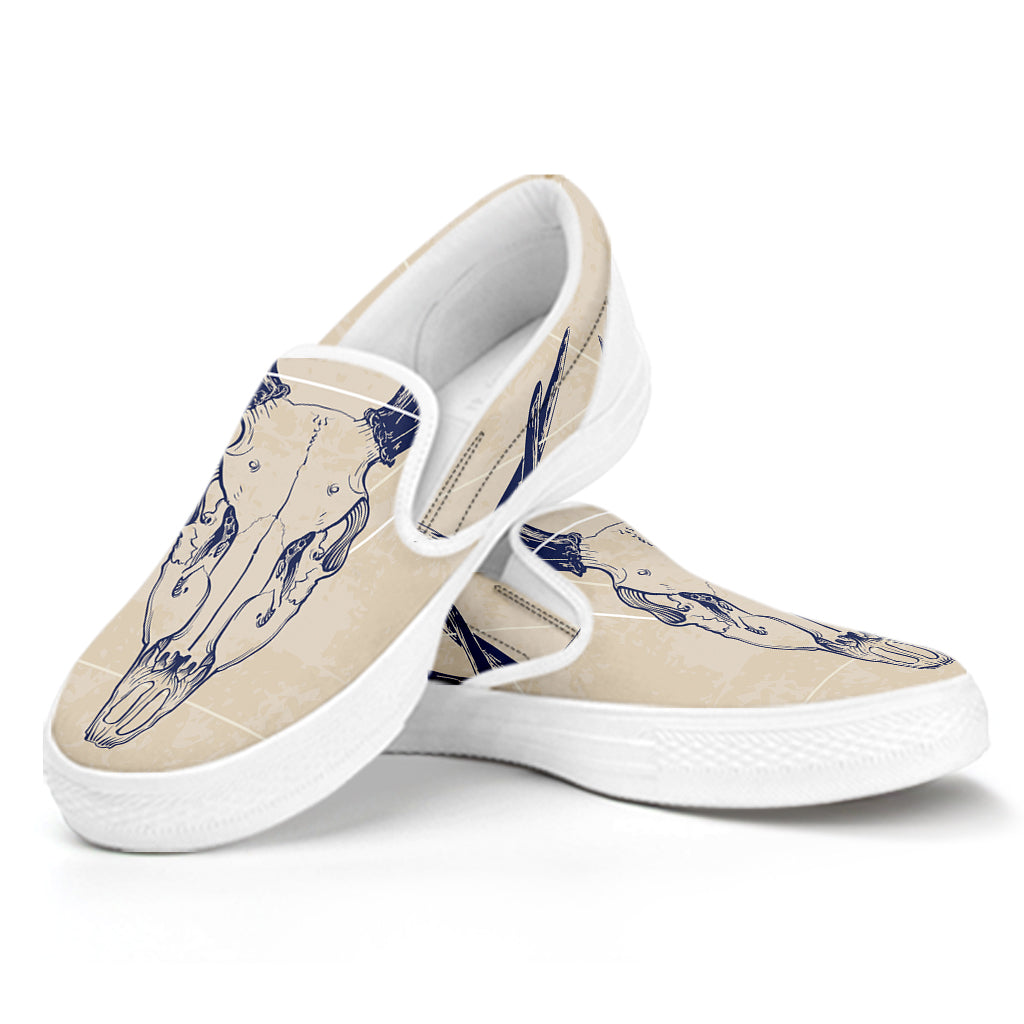 Vintage Deer Skull Print White Slip On Shoes