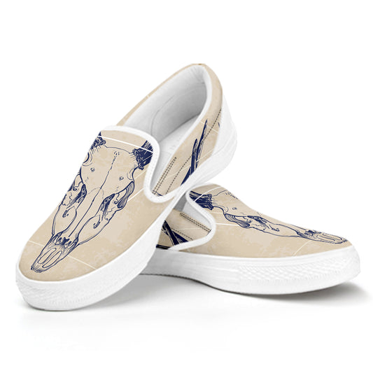 Vintage Deer Skull Print White Slip On Shoes
