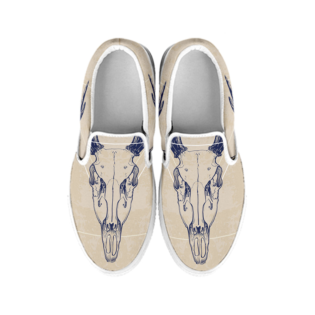 Vintage Deer Skull Print White Slip On Shoes