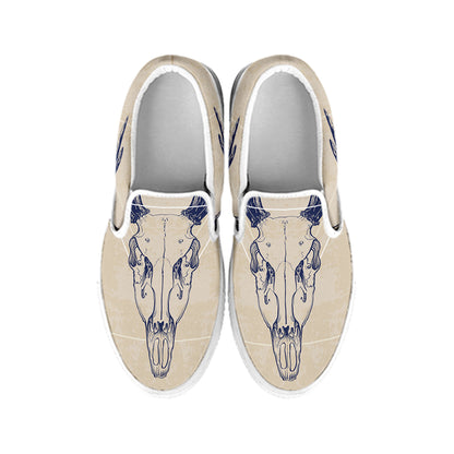 Vintage Deer Skull Print White Slip On Shoes