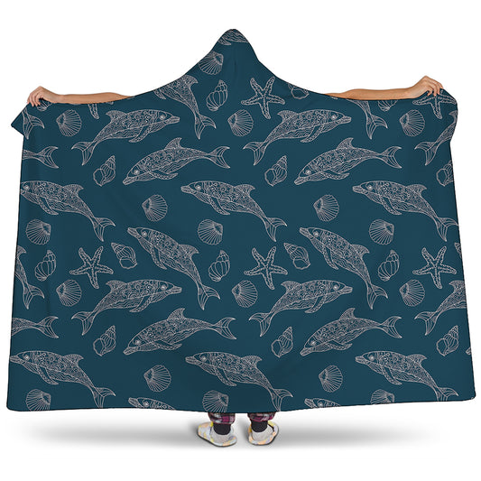 Vintage Dolphins Pattern Print Hooded Blanket