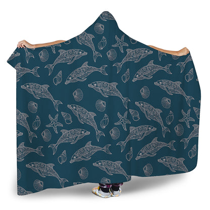 Vintage Dolphins Pattern Print Hooded Blanket