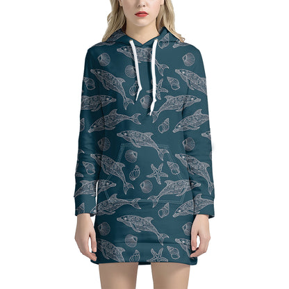 Vintage Dolphins Pattern Print Hoodie Dress