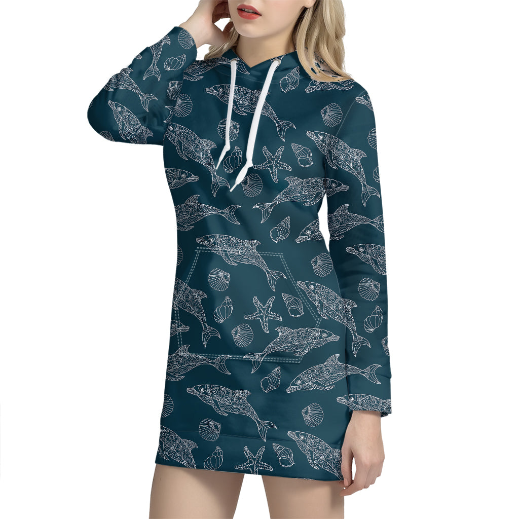 Vintage Dolphins Pattern Print Hoodie Dress