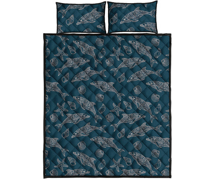 Vintage Dolphins Pattern Print Quilt Bed Set