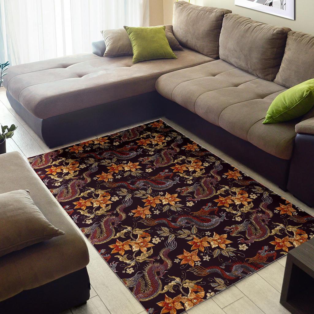 Vintage Dragon Flower Pattern Print Area Rug GearFrost
