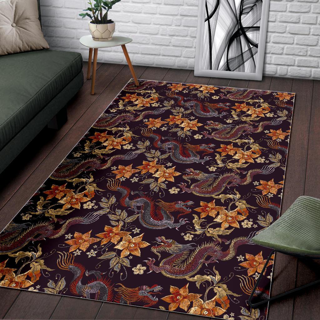Vintage Dragon Flower Pattern Print Area Rug GearFrost