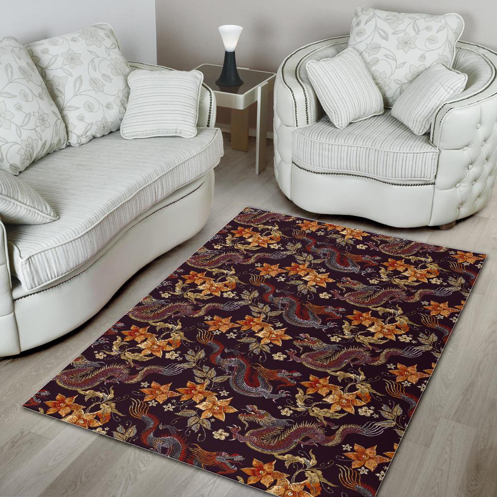 Vintage Dragon Flower Pattern Print Area Rug GearFrost