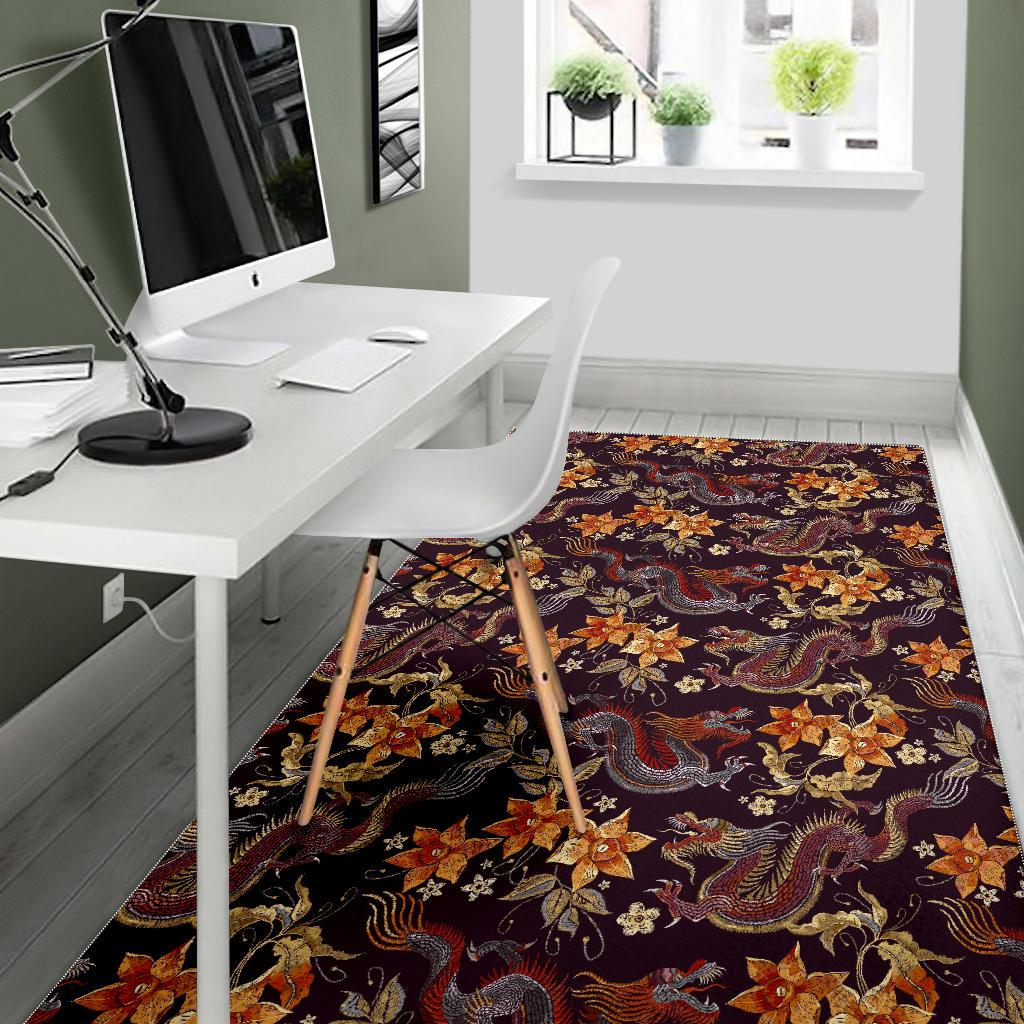Vintage Dragon Flower Pattern Print Area Rug GearFrost