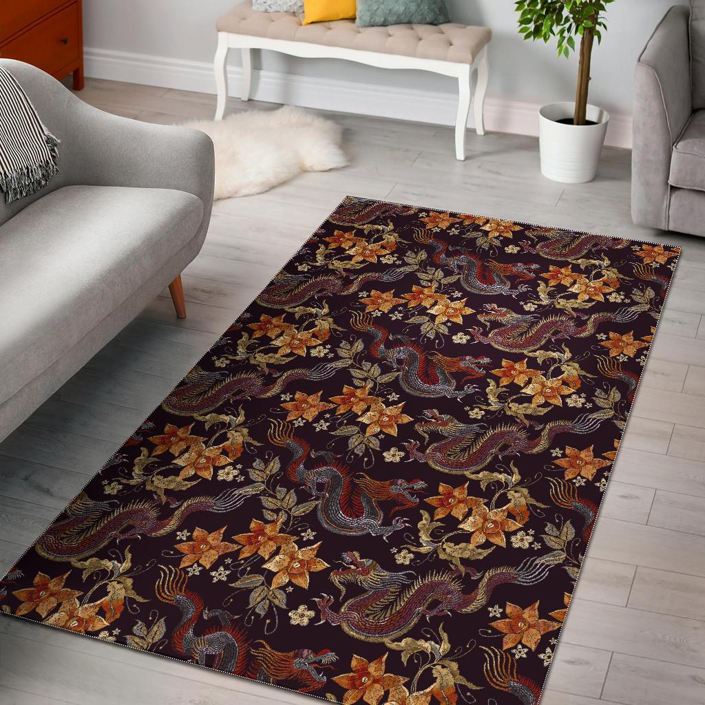Vintage Dragon Flower Pattern Print Area Rug GearFrost