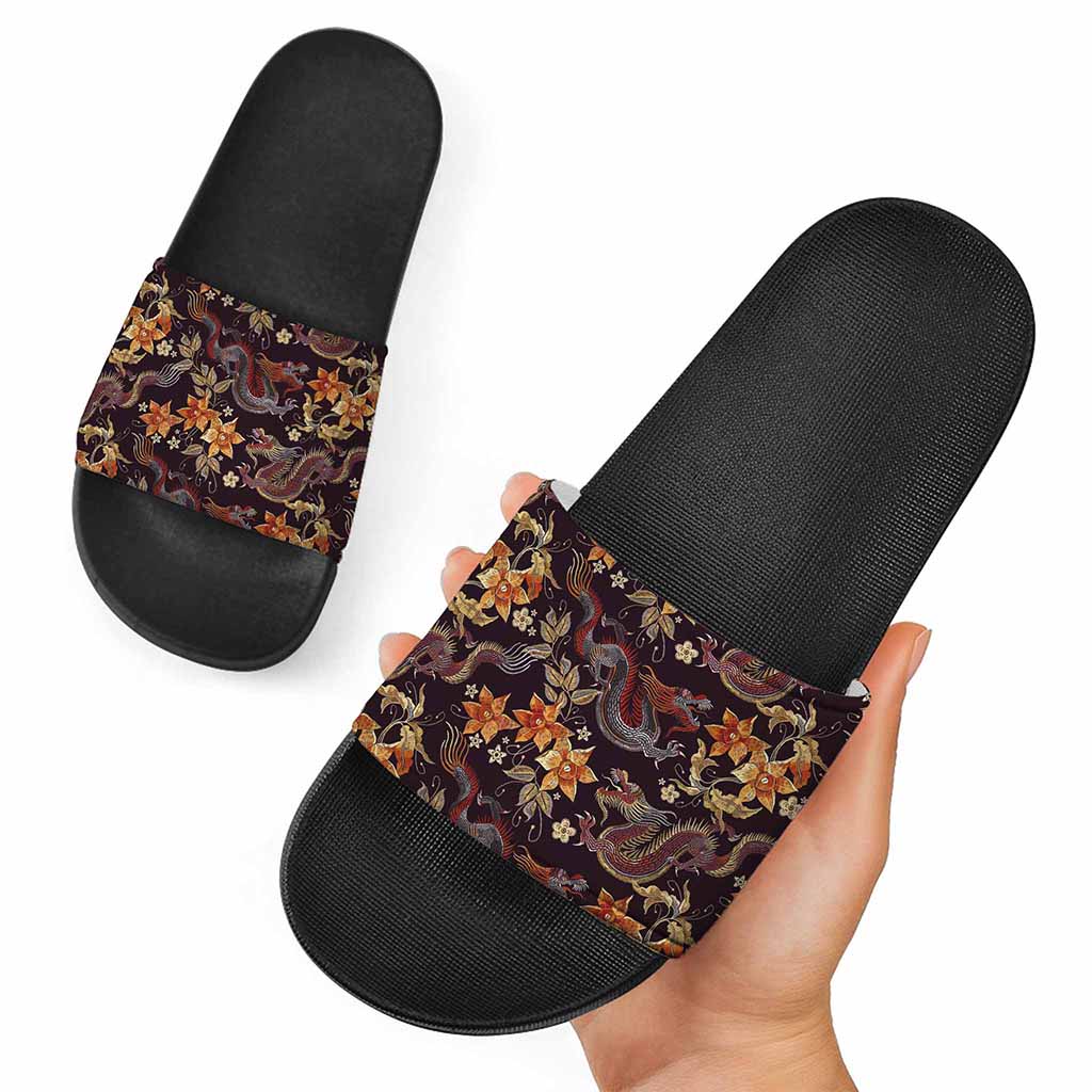 Vintage Dragon Flower Pattern Print Black Slide Sandals