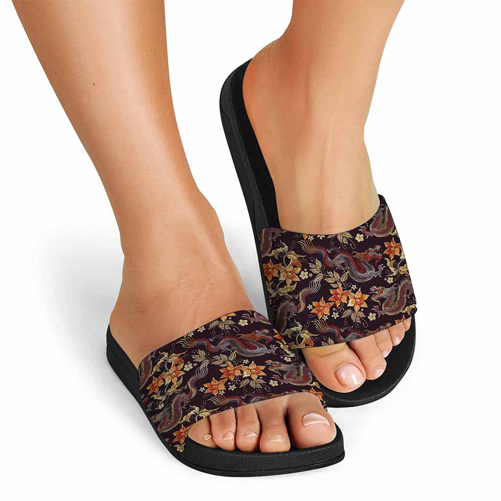 Vintage Dragon Flower Pattern Print Black Slide Sandals