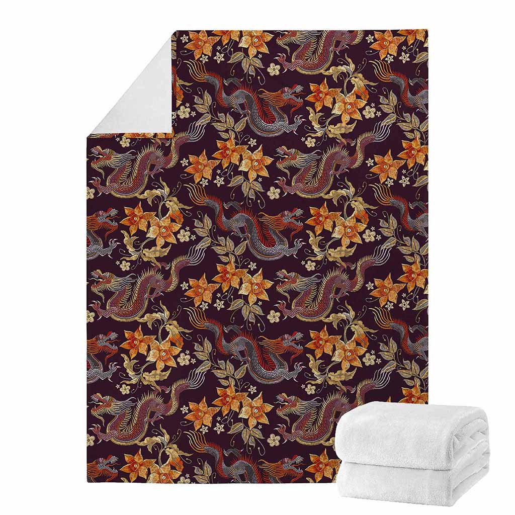 Vintage Dragon Flower Pattern Print Blanket
