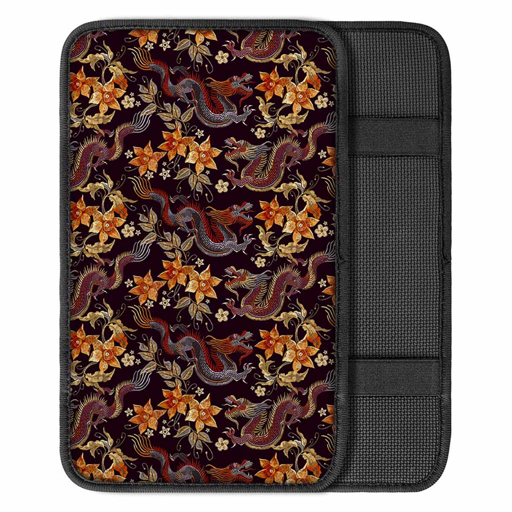 Vintage Dragon Flower Pattern Print Car Center Console Cover