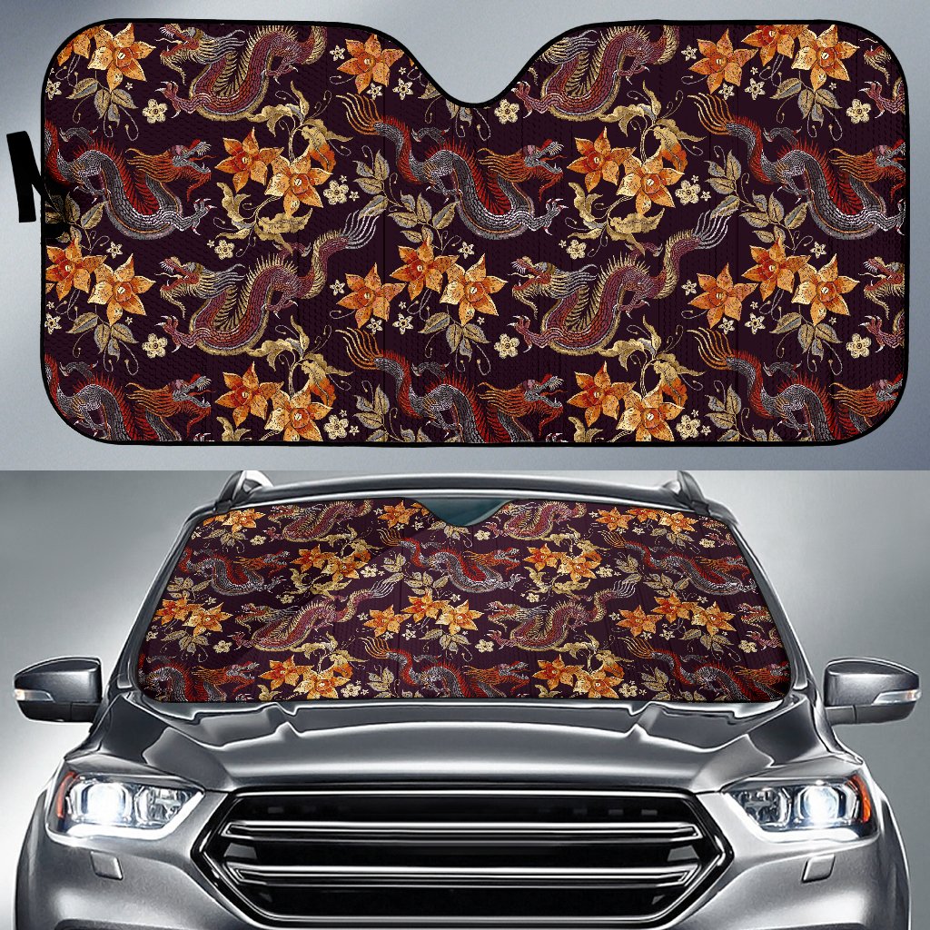 Vintage Dragon Flower Pattern Print Car Sun Shade GearFrost