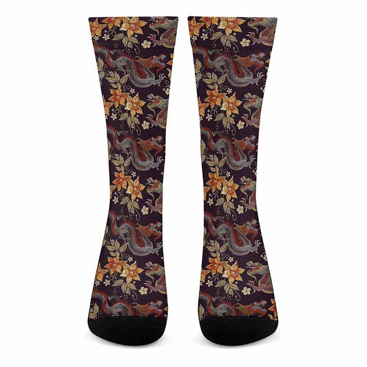 Vintage Dragon Flower Pattern Print Crew Socks