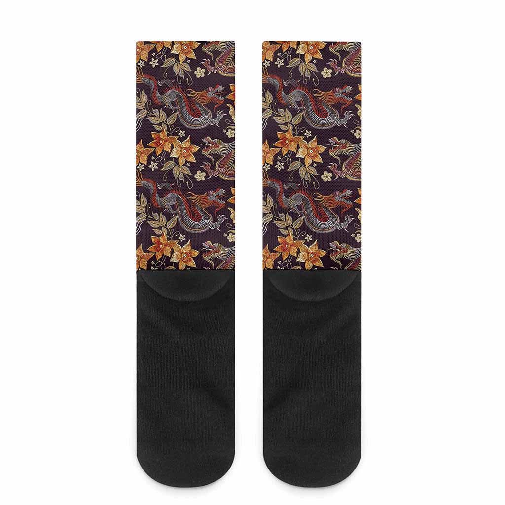 Vintage Dragon Flower Pattern Print Crew Socks