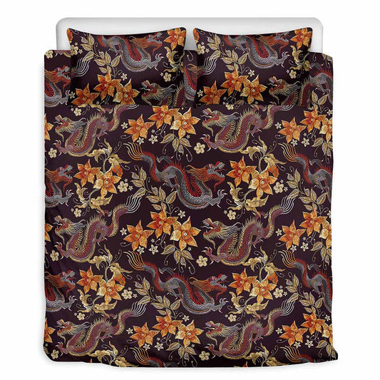 Vintage Dragon Flower Pattern Print Duvet Cover Bedding Set
