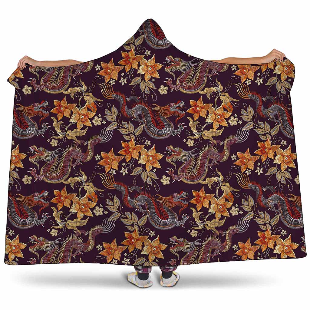 Vintage Dragon Flower Pattern Print Hooded Blanket