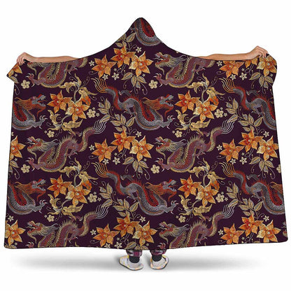 Vintage Dragon Flower Pattern Print Hooded Blanket