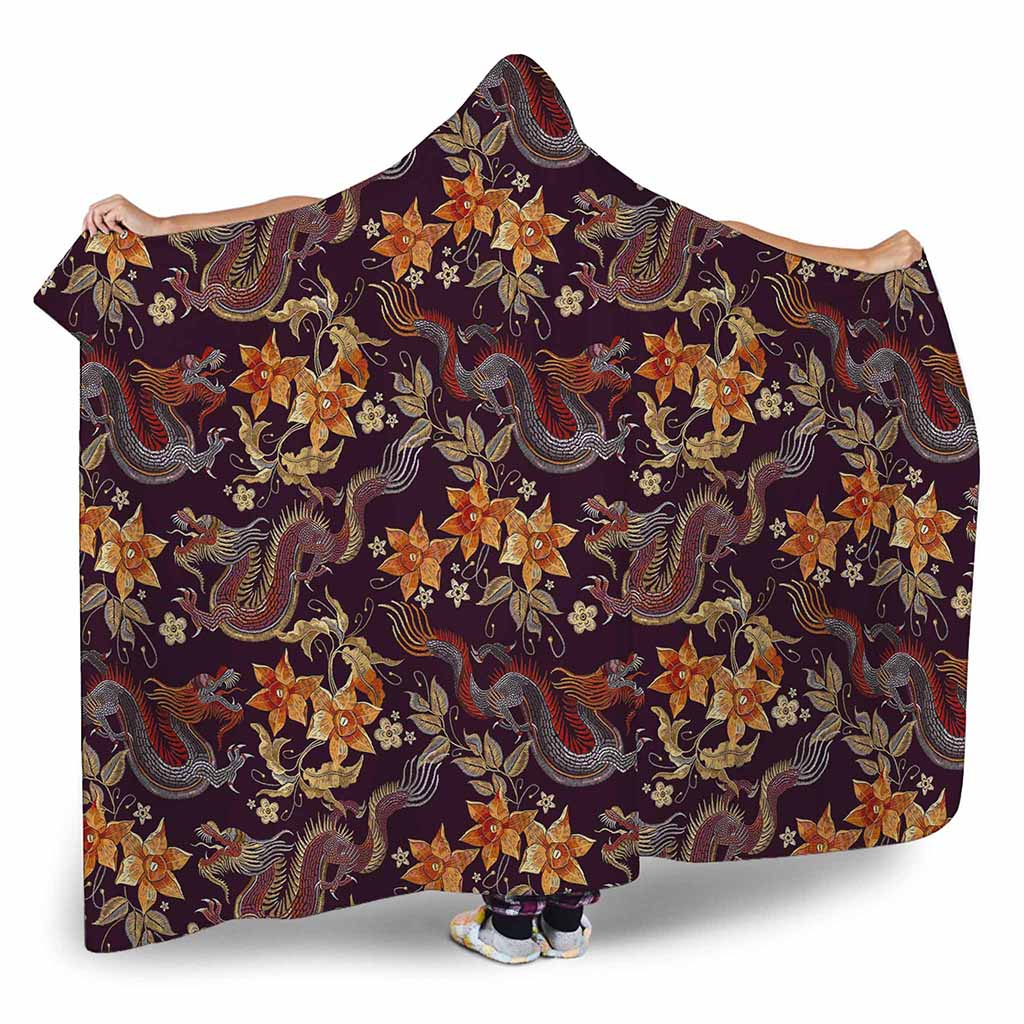 Vintage Dragon Flower Pattern Print Hooded Blanket