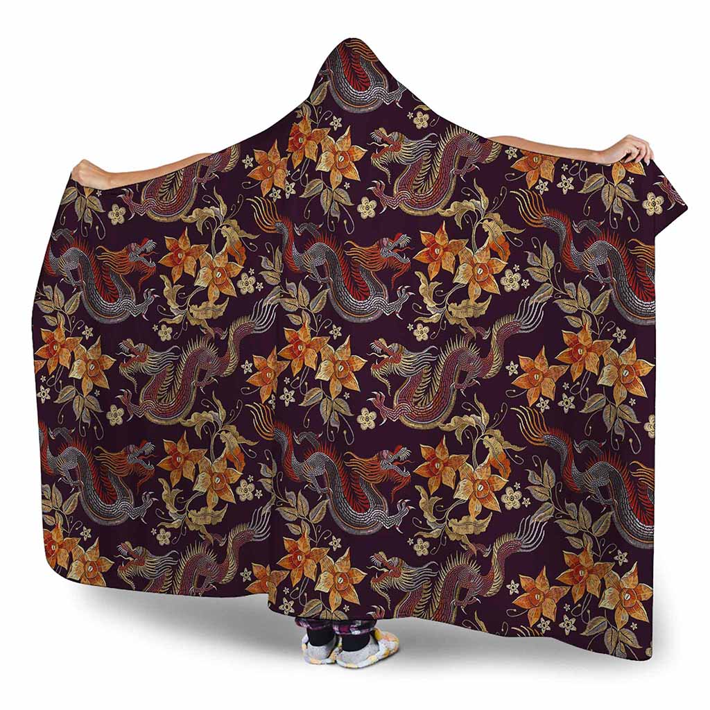 Vintage Dragon Flower Pattern Print Hooded Blanket