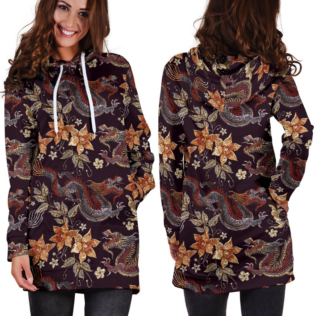 Vintage Dragon Flower Pattern Print Hoodie Dress GearFrost