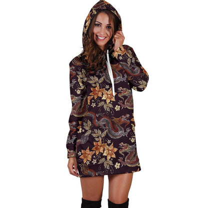 Vintage Dragon Flower Pattern Print Hoodie Dress GearFrost