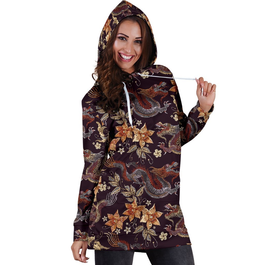 Vintage Dragon Flower Pattern Print Hoodie Dress GearFrost