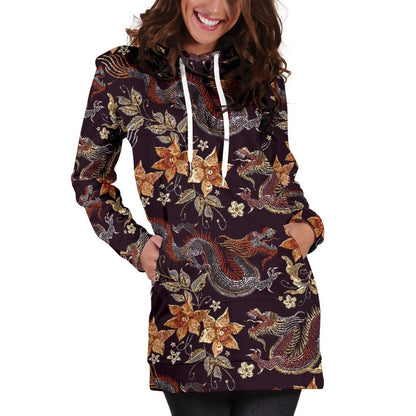 Vintage Dragon Flower Pattern Print Hoodie Dress GearFrost