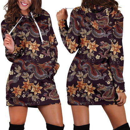 Vintage Dragon Flower Pattern Print Hoodie Dress GearFrost