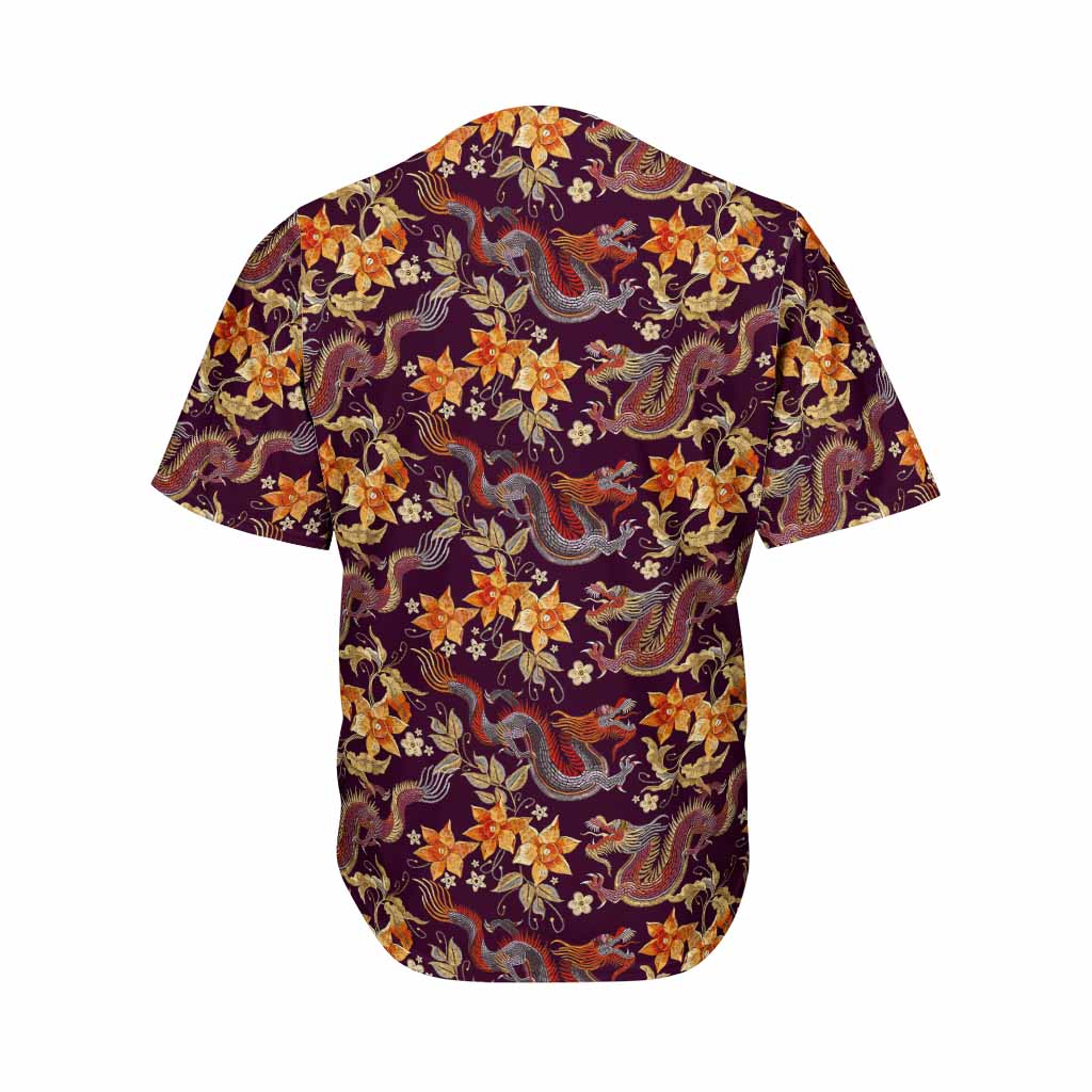 Vintage Dragon Flower Pattern Print Men's Baseball Jersey