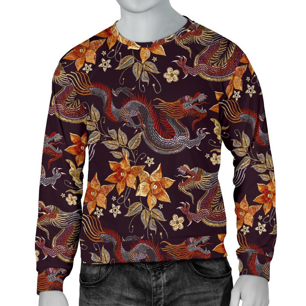 Vintage Dragon Flower Pattern Print Men's Crewneck Sweatshirt GearFrost